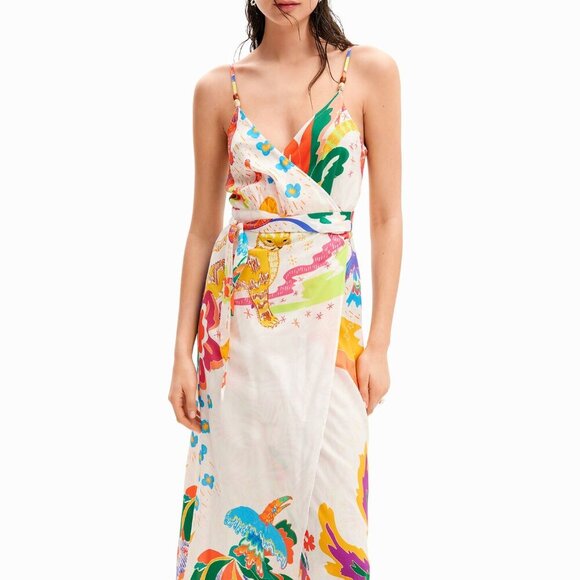 NEW DESIGUAL womens JUNGLE DESIGN WRAP MIDI DRESS Size S - Picture 7 of 8